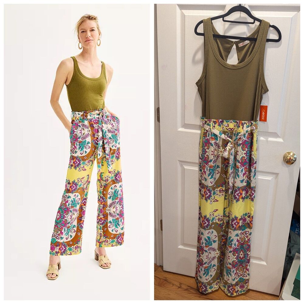 Multicolor Bohemian Boho‎ Hippie Print Fit Flowy Belted Wide Leg Jumpsuit NWT XL